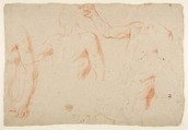 Figure and Drapery studies (recto); Three Studies of a Male Torso for the "Coronation of Marcantonio Pasqualini'" (verso), Andrea Sacchi (Italian, Rome (?) ca. 1599–1661 Rome), Red and white chalk (recto); red chalk (verso)