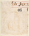 Unfinished Design for a Choir Book: Initial with Scene of Christ Entering the Temple., Lorenzo Monaco (Piero di Giovanni) (Italian, Florence (?) ca. 1370–1425 Florence (?)), Pen and pale grayish brown ink, brush and pale grayish brown wash (figural scene), pen and pale brown ink, over construction in leadpoint, ruling and compass work (ornamental parts), ruled lines in red ink, notes and words in pen and dark brown ink (musical score), on vellum