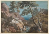 Mountainous Landscape with Hermits, Marco Ricci  Italian, Gouache on kidskin