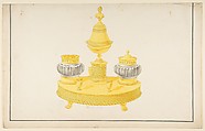 Design for a Pen and Ink Stand, Anonymous, French, 19th century, Pen and gray ink, brush and gray and yellow wash; framing lines in pen and black ink