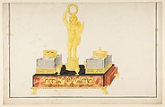 Design for a Pen and Ink Stand with a Cupid and Two Ink Wells, Anonymous, French, 19th century, Pen and gray ink, brush and gray, yellow, brown, and black wash; framing lines in pen and black ink
