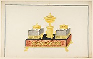 Design for a Pen and Ink Stand, Anonymous, French, 19th century, Pen and gray ink, brush and gray, yellow, brown, and black wash; framing lines in pen and black ink