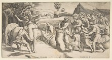 Joseph's cup being discovered in Benjamin's sack of grain, Giulio Bonasone  Italian, Engraving