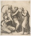 The Virgin fainting and being supported in the arms of the holy women, Giulio Bonasone  Italian, Engraving