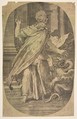 St Paul overcoming the viper, within an architectual setting, an oval composition, Giulio Bonasone  Italian, Engraving