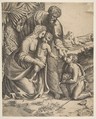 Holy Family with Saint John the Baptist who kneels at the right, Giulio Bonasone  Italian, Engraving and etching