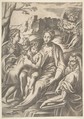 The Holy Family with Mary Magdalene and John the Baptist who embraces Christ, Giulio Bonasone  Italian, Engraving