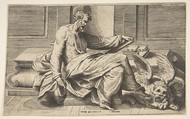 Saint Mark writing his Gospel, a winged lion at the right, Giulio Bonasone  Italian, Engraving