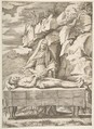 Pietà, Christ stretched out on a table in a landscape, the Virgin standing behind arms open, Giulio Bonasone Italian, Engraving