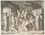 Moses at right telling the Israelites to gather the manna and at left Moses striking the rock, Giulio Bonasone  Italian, Engraving