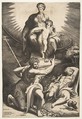 The vision of Saint Jerome who is asleep in the bottom right, the Virgin and Child appear above being pointed to by Saint John the Baptist, Giulio Bonasone  Italian, Engraving