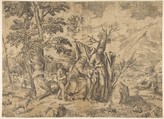 The Rest on the Flight into Egypt, Joseph at right, the Virgin holds the Christ Child in the centre, other figures to the left, Giulio Bonasone  Italian, Etching and engraving
