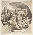 Circe drinking from a cup with the companions of Ulysses in a boat at left, a circular composition, Giulio Bonasone  Italian, Engraving; second state