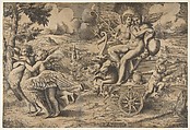 The triumph of Cupid and Psyche who are seated on a chariot drawn by two birds restrained by children, Giulio Bonasone Italian, Etching with engraving