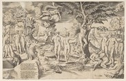 Cupid in the Elysian Fields tied to a tree in the center, surrounded by many figures, Giulio Bonasone  Italian, Engraving