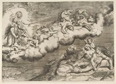 An allegory of the rising sun, a naked man wearing a shroud and accompanied Father Time is being drawn by horses, Giulio Bonasone  Italian, Engraving