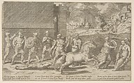 The combat of Hector and Achilles, and Achilles dragging the body of Hector around the walls of Troy, Giulio Bonasone  Italian, Engraving
