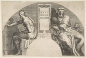 The ancestors of Christ flanking an inscribed tablet, an arched top composition, Giulio Bonasone  Italian, Engraving