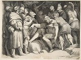 The wounder soldier Scipio in the centre surrounded by figures, Giulio Bonasone  Italian, Engraving
