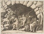 Pluto riding a chariot descending into Hell, from "Division of the Universe", Giulio Bonasone  Italian, Engraving