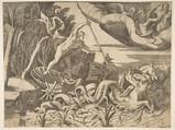 Neptune in his Chariot being drawn by seahorses, from the 'Division of the Universe', Giulio Bonasone  Italian, Engraving