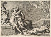 Jupiter's love for Juno rekindled when she puts on Venus's Girdle, Giulio Bonasone  Italian, Engraving