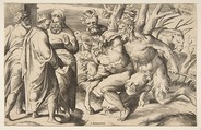 Two satyrs brining Silenus King Midas standing at the left, Giulio Bonasone  Italian, Engraving