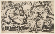 Triumph of Bacchus who is seated on a carriage at left, Giulio Bonasone  Italian, Engraving