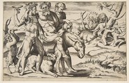A drunken Silenus riding an ass being supported by satyrs, Giulio Bonasone  Italian, Engraving