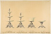 Four Designs for Tiered Serving Dishes, Anonymous, French, 19th century  French, Graphite, brush and gray and green wash, and gouache