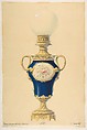 Design for an Oil Lamp, Anonymous, French, 19th century  French, Graphite, brush and gray wash, watercolor, gouache, and gold gilt