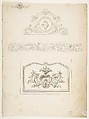 Border and Three Pediments (recto), Fifteen circular Designs (verso), Attributed to Anonymous, French, 18th century, Pen and black ink over graphite, bottom design (recto) with brown, yellow, and blue wash on Whatman paper