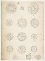 Border and Three Pediments (recto), Fifteen circular Designs (verso), Attributed to Anonymous, French, 18th century, Pen and black ink over graphite, bottom design (recto) with brown, yellow, and blue wash on Whatman paper