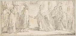 Illustration for a Book:  Meeting Between a Pope and Doge, Giovanni Battista Tiepolo (Italian, Venice 1696–1770 Madrid), Black chalk.   Horizontal and vertical centering lines ruled in faint black chalk