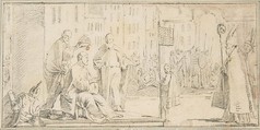 Illustration for a Book:  Coronation of an Emperor (?), Giovanni Battista Tiepolo (Italian, Venice 1696–1770 Madrid), Black chalk.   Horizontal and vertical centering lines ruled in faint black chalk