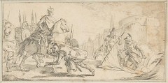 Illustration for a Book:  Soldiers Surrendering to an Emperor, with a City in the Background, Giovanni Battista Tiepolo (Italian, Venice 1696–1770 Madrid), Black chalk.   Horizontal and vertical centering lines ruled in faint black chalk