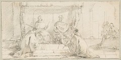 Illustration for a Book:  Two Monks Kneeling before a Doge and an Emperor (Doge Ziani and Emperor Barbarossa?), Giovanni Battista Tiepolo (Italian, Venice 1696–1770 Madrid), Black chalk.   Horizontal and vertical centering lines ruled in faint black chalk
