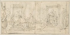 Illustration for a Book:  Two Scenes of Coronation, Giovanni Battista Tiepolo (Italian, Venice 1696–1770 Madrid), Black chalk.   Horizontal and vertical centering lines ruled in faint black chalk