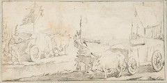Illustration for a Book:  Soldiers Driving Ox Carts with Banners, Giovanni Battista Tiepolo (Italian, Venice 1696–1770 Madrid), Black chalk.   Horizontal and vertical centering lines ruled in faint black chalk