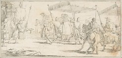 Illustration for a Book:  Keys of a City Offered to a Procession of Cardinals Headed by a Riderless Horse, Giovanni Battista Tiepolo (Italian, Venice 1696–1770 Madrid), Black chalk.   Horizontal and vertical centering lines ruled in faint black chalk