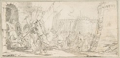Illustration for a Book:  Soldiers Storming a City, Giovanni Battista Tiepolo (Italian, Venice 1696–1770 Madrid), Black chalk.   Horizontal and vertical centering lines ruled in faint black chalk