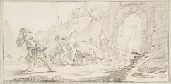 Illustration for a Book:  Inhabitants Leaving a Conquered City, Giovanni Battista Tiepolo (Italian, Venice 1696–1770 Madrid), Black chalk.   Horizontal and vertical centering lines ruled in faint black chalk