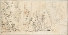 Illustration for a Book:  Queen of Port City Receiving Envoys, Giovanni Battista Tiepolo (Italian, Venice 1696–1770 Madrid), Black chalk, reworked with traces of red chalk.   Horizontal and vertical centering lines ruled in faint black chalk