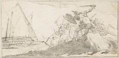 Illustration for a Book:  Battle by the Sea Coast, Giovanni Battista Tiepolo (Italian, Venice 1696–1770 Madrid), Black chalk.   Horizontal and vertical centering lines ruled in faint black chalk