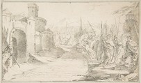 Illustration for a Book:  Meeting Between Two Generals (?) before a Fortified Town, Giovanni Battista Tiepolo (Italian, Venice 1696–1770 Madrid), Black chalk.   Horizontal and vertical centering lines ruled in faint black chalk