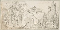 Illustration for a Book: Scene of Men Disposing of Corpse in a Garden, Giovanni Battista Tiepolo (Italian, Venice 1696–1770 Madrid), Black chalk.   Horizontal and vertical centering lines ruled in faint black chalk
