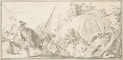 Illustration for a Book:  Scene of Combat, Giovanni Battista Tiepolo (Italian, Venice 1696–1770 Madrid), Black chalk.   Horizontal and vertical centering lines ruled in faint black chalk