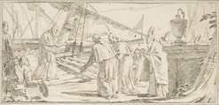 Illustration for a Book:  Bishops and Monks Being Received at a Ship by a Venerable Dignitary, Giovanni Battista Tiepolo (Italian, Venice 1696–1770 Madrid), Black chalk.   Horizontal and vertical centering lines ruled in faint black chalk