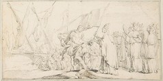 Illustration for a Book:  Pope Handing a Banner to a Crusader, with Ships in the Background, Giovanni Battista Tiepolo (Italian, Venice 1696–1770 Madrid), Black chalk.   Horizontal and vertical centering lines ruled in faint black chalk