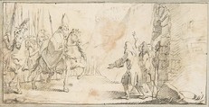 Illustration for a Book:  Reception of a Bishop Leading an Army at a City Gate, Giovanni Battista Tiepolo (Italian, Venice 1696–1770 Madrid), Black chalk.   Horizontal and vertical centering lines ruled in faint black chalk